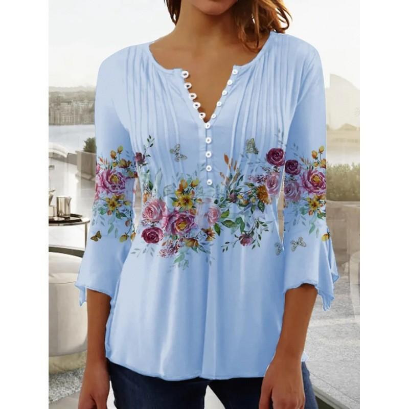 Floral Print T Shirt For Women With 3d Effect Polyester V Neck Short Sleeve Casual Top