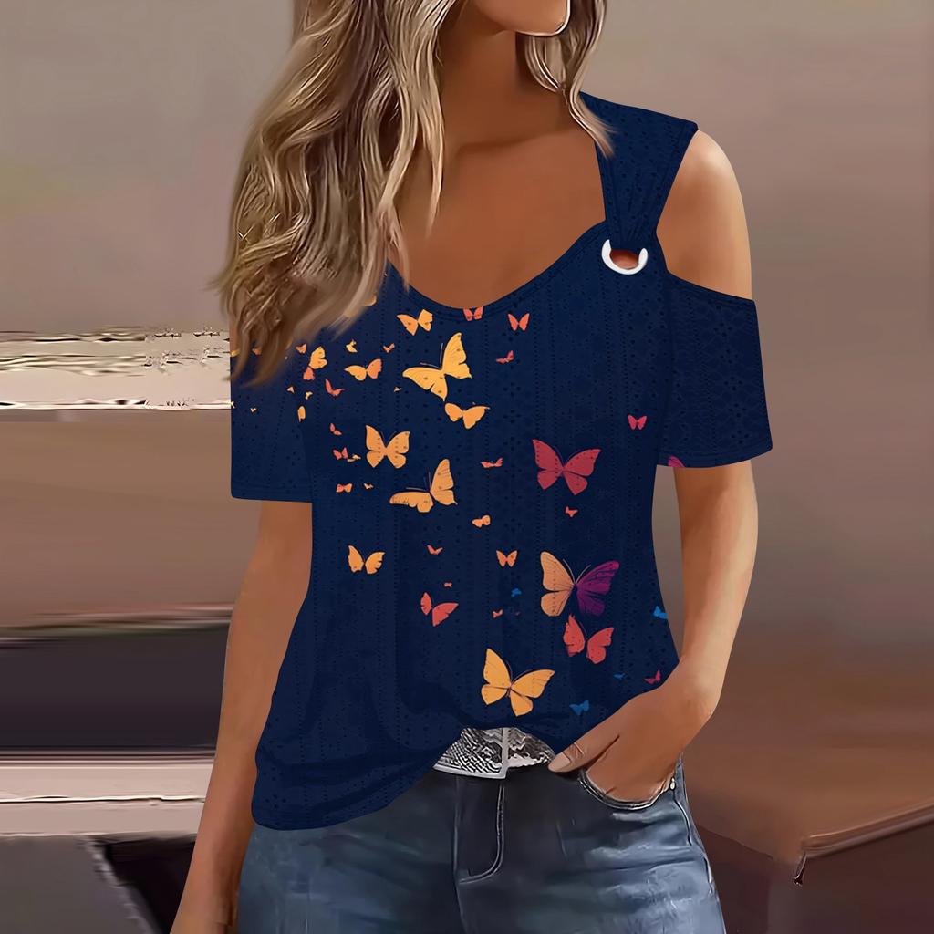 Sexy Cold Sholuder Tops For Women Summer Hollow Out Eyelet Short Sleeve Blouse Loose V Neck Tshirt Trendy Casual Tunics