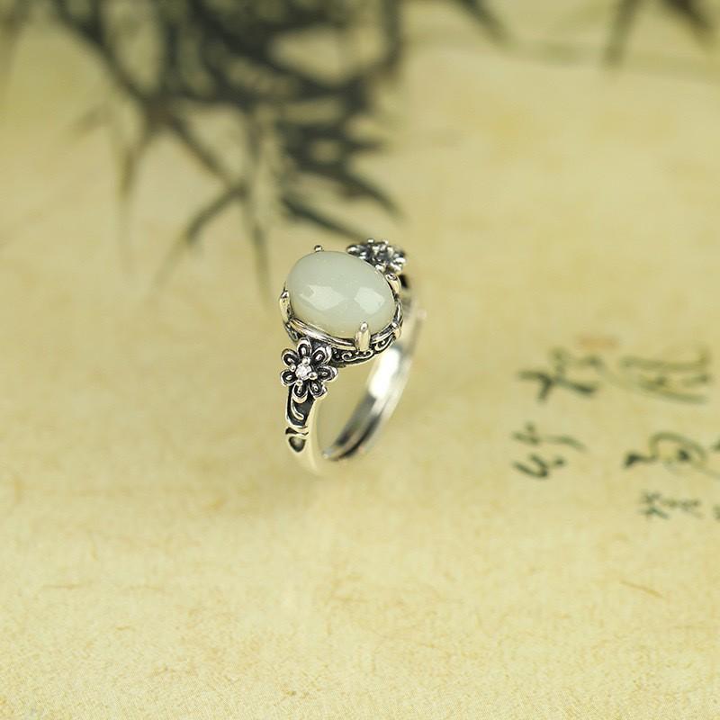 Adjustable Flower Ring Women Men Vintage Ethnic Style Red Agate Jade Oval Floral Statement