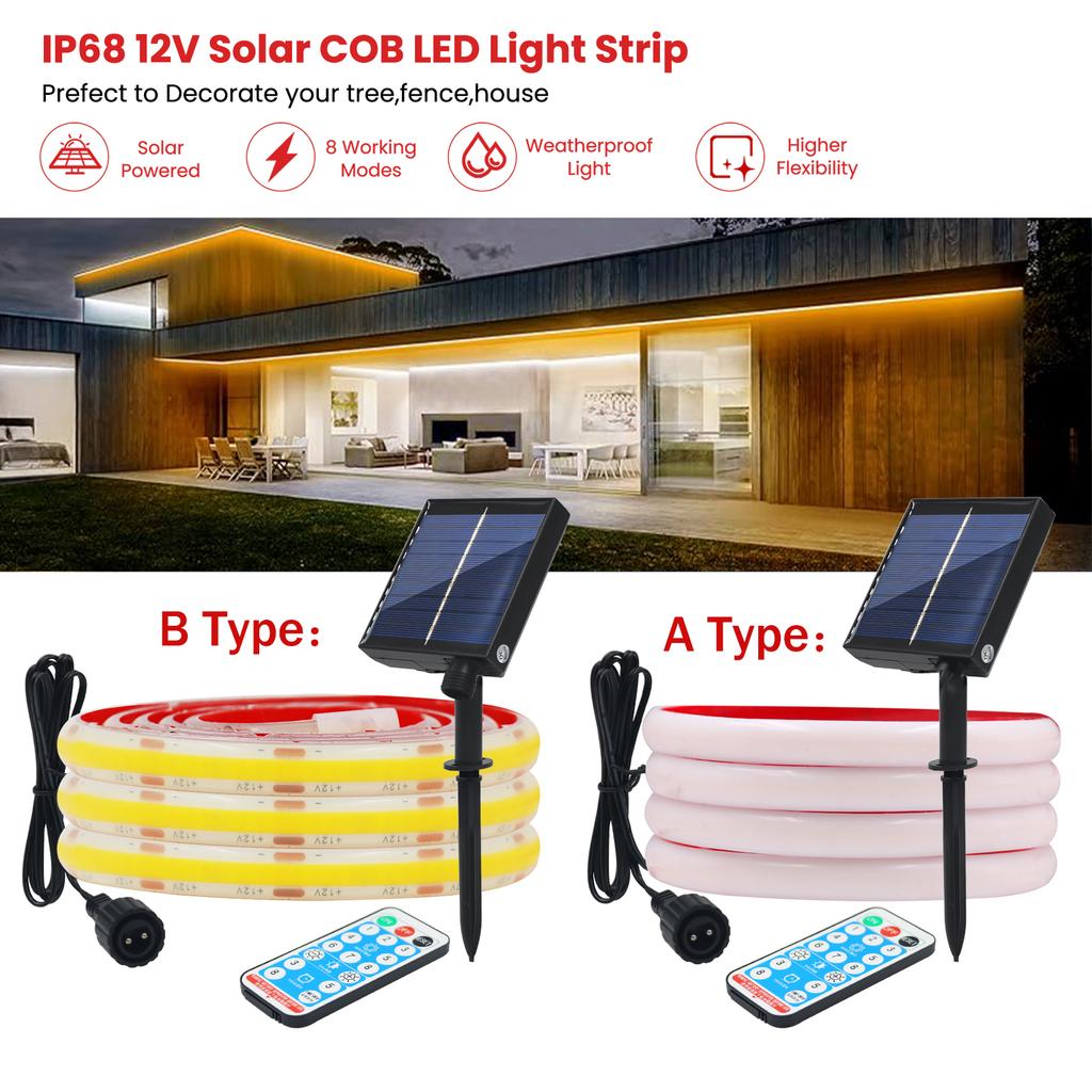 Водонепроницаемая светодиодная лента COB на солнечных батареях IP68, 12 В, с регулируемой яркостью, гибкая лента с пультом ДУ для декора помещений и улицы