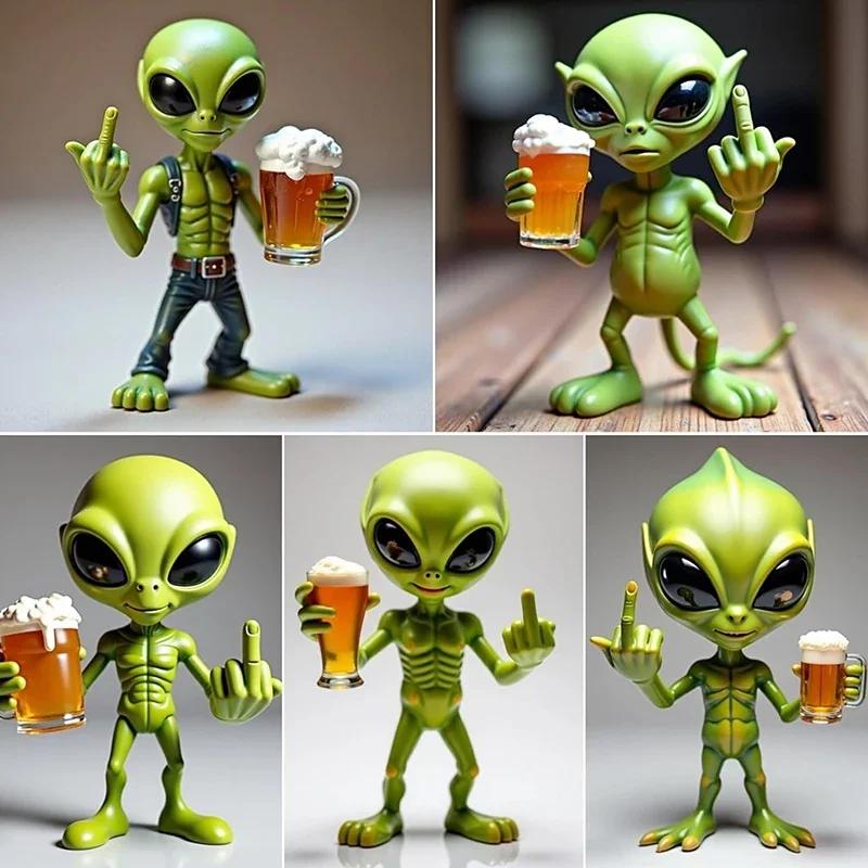 1Pc Funny Alien Statue Sculpture - Resin Beer Drinking Alien Resin Vivid Expression Waterproof For Garden Middle Finger Alien
