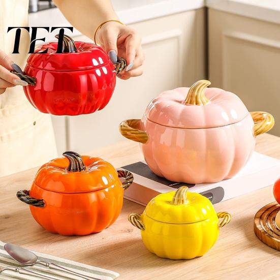 Kitchen Cereal Stew Container Pumpkin Soup Bowl with Lid And Double Handle, Microwave Safe Decorative Thanksgiving Tableware Ceramic Bowl, Heat