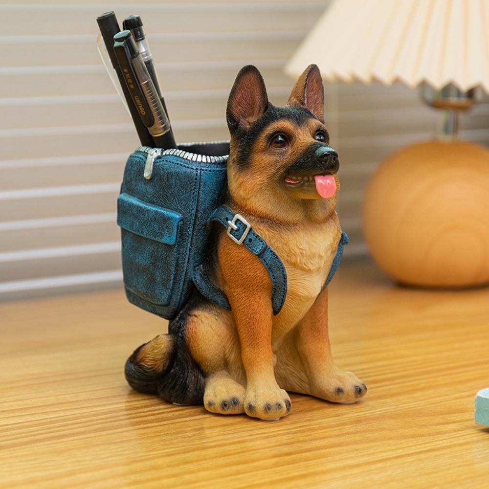 Resin Statue Desktop Storage German Shepherd Pen Box Figurines New Dog Sculpture Pen Container