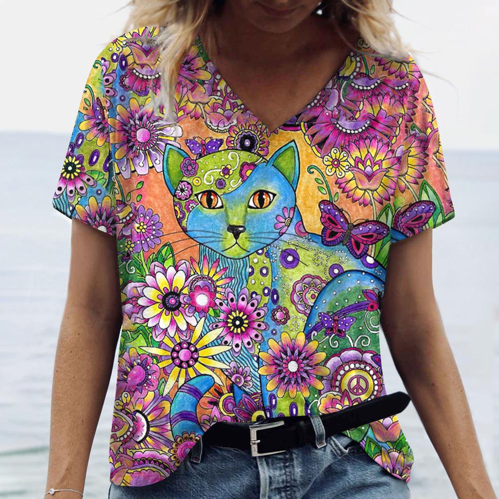 Летние женские футболки с мультяшным котом, винтажные топы с коротким рукавом, футболки с V-образным вырезом для девочек, женская одежда, свободный свитер