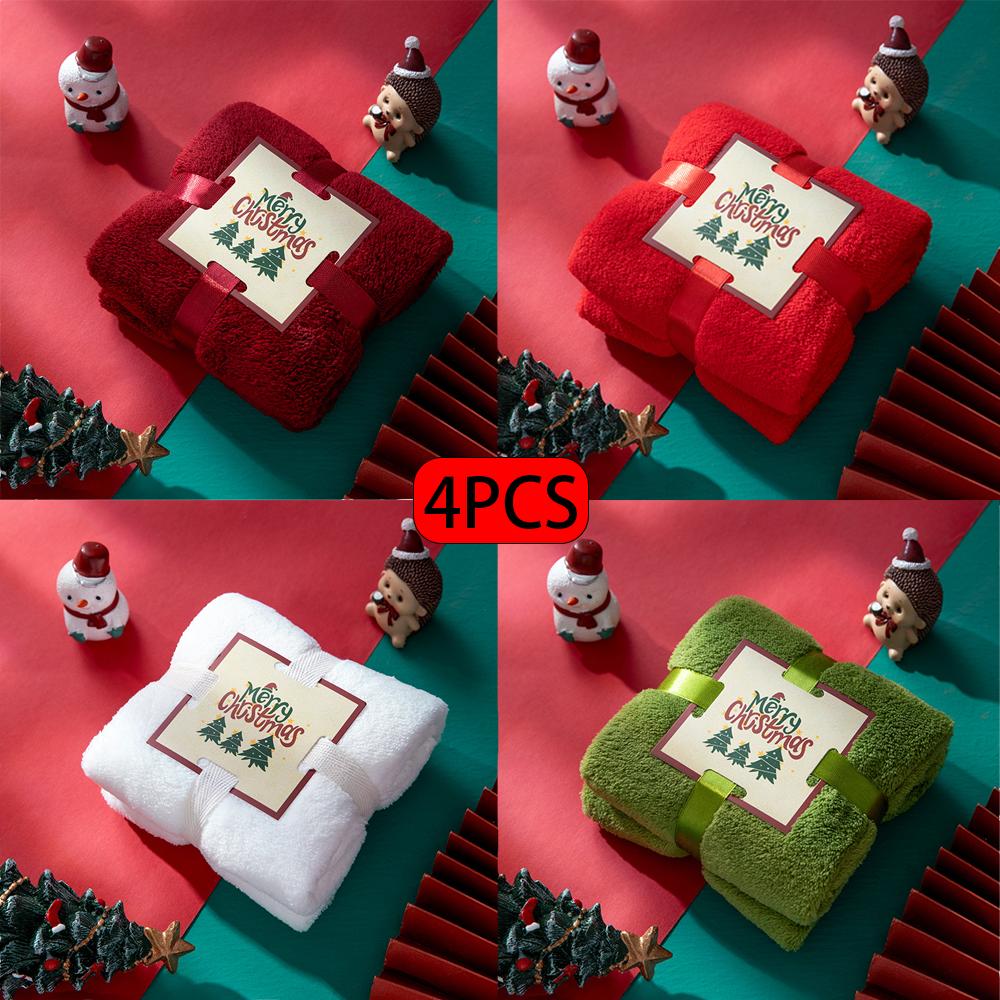 Набор полотенец на рождественскую тематику, 4 шт. - Праздничный дизайн с оленями/Санта-Клаусом/елкой, Идеально для праздничных подарков