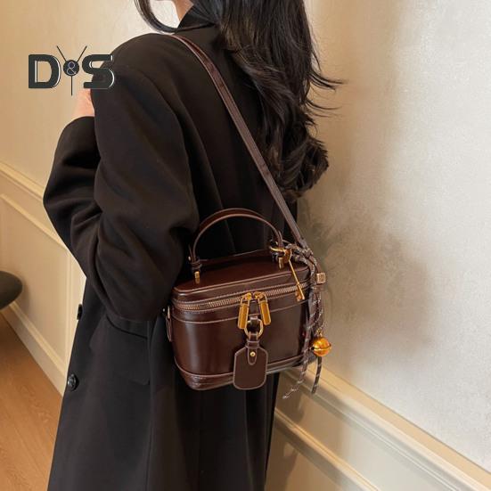 Crossbody Bag Bucket Shape Faux Leather Bell Rope Decor Handbag Vintage Zipper Closure Smooth Surface Shoulder Bag for Work Party Travel