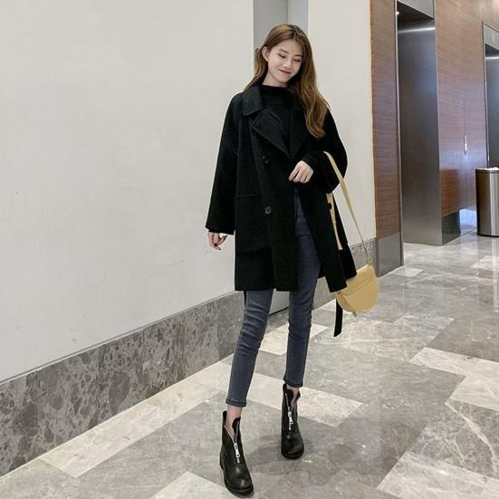 Осенне-зимняя женская шерстяная куртка, толстая свободная куртка с отложным воротником, двубортная куртка средней длины в корейском стиле, верхняя одежда