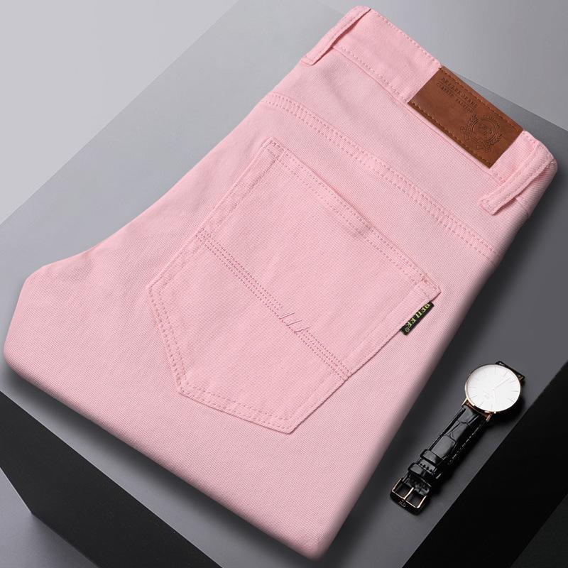 The New Light Luxury Fashion Pink Jeans Male Slim Summer Elastic Hundred Men's Mid-waist Casual Trousers