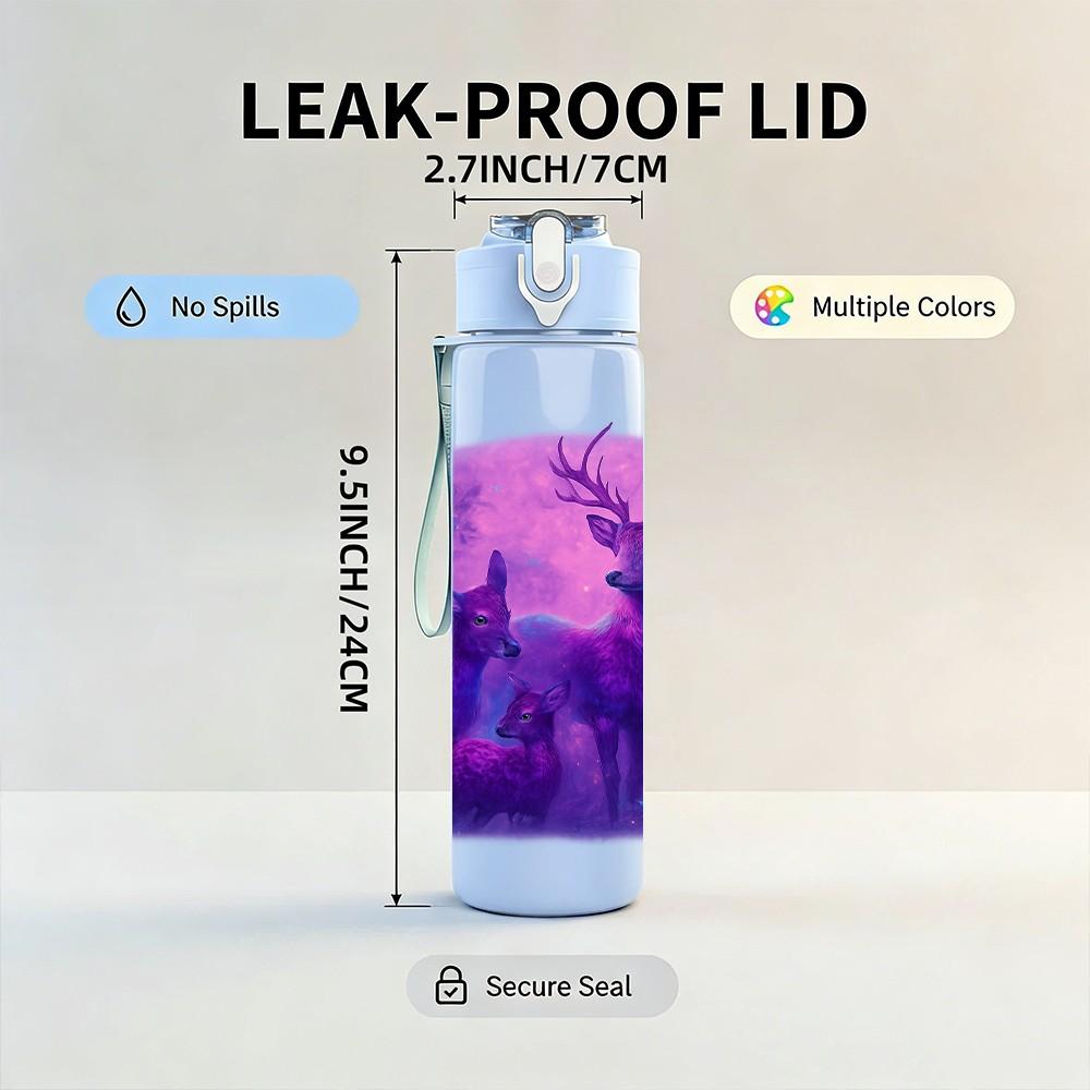 1PC Purple Silhouette Deer Forest Print 750ml Color Plastic Sports Water Bottle Leakproof Flip Straw Lid Suitable for Sports Office Home Use