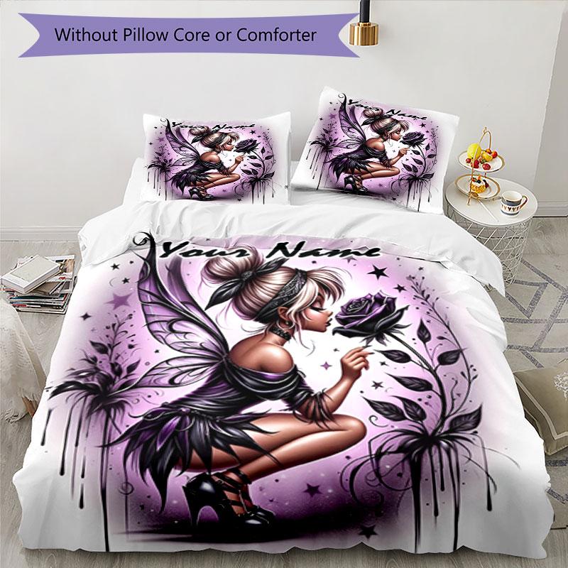 3PC Custom Name Fairy Black Wings Rose Bedding Set Printed Bedding Set Duvet Cover Closure Includes 1 Duvet Cover & 2 Pillowcases for All Seasons Bedr