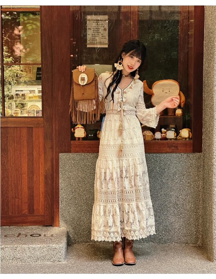 2024 Богемное платье с кисточками и кружевом, с высокой талией, абрикосового цвета - Стройнящий отпускной стиль