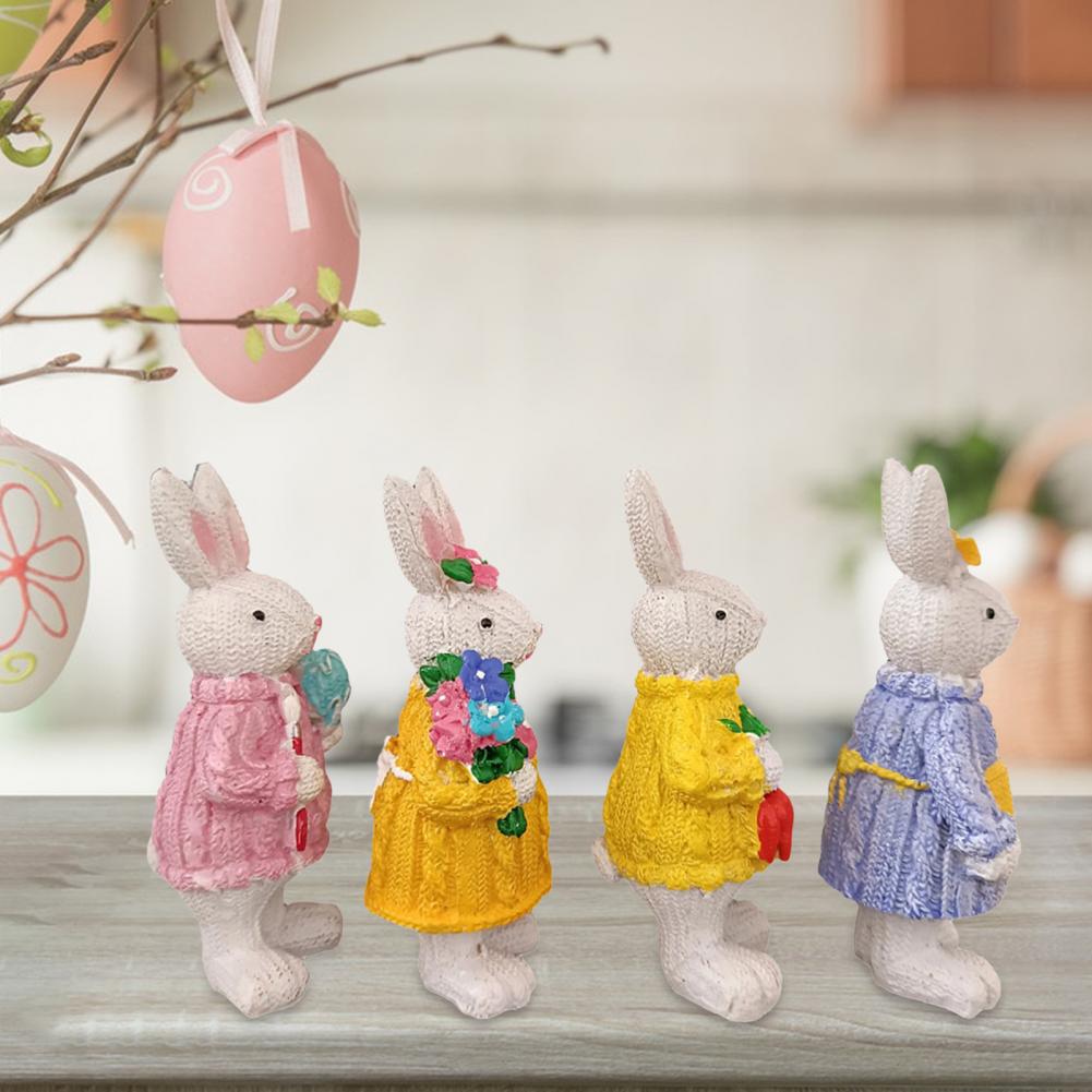 4Pcs Easter Bunny Figurine Holding Flower Egg Knitted Sweater Rabbit Statue Spring Easter Holiday Party Decoration Ornament