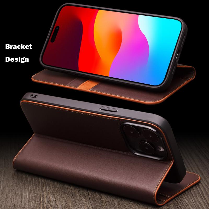 Qialino Genuine Leather Flip Case For Apple Iphone Air 17 16 15 Pro Max Plus Bracket Handmade Business Cover With Card Slots
