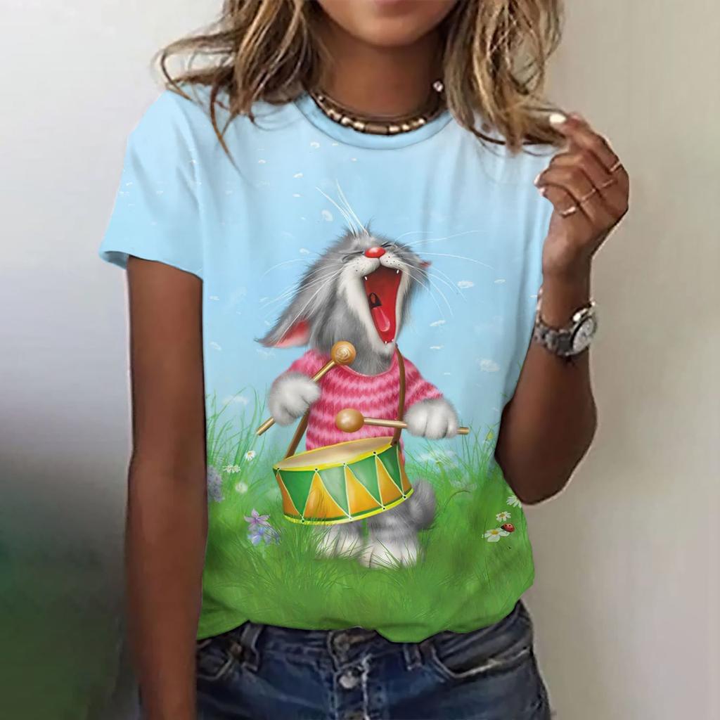 Женская модная футболка с круглым вырезом, летняя одежда, забавная повседневная футболка с коротким рукавом и принтом кота, модная свободная футболка, женская одежда