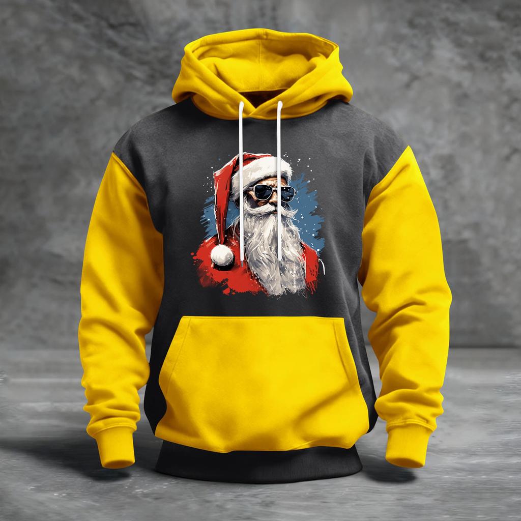 Мужской рождественский свитшот с капюшоном, повседневный, спортивный, удобный, с цветными блоками и принтом