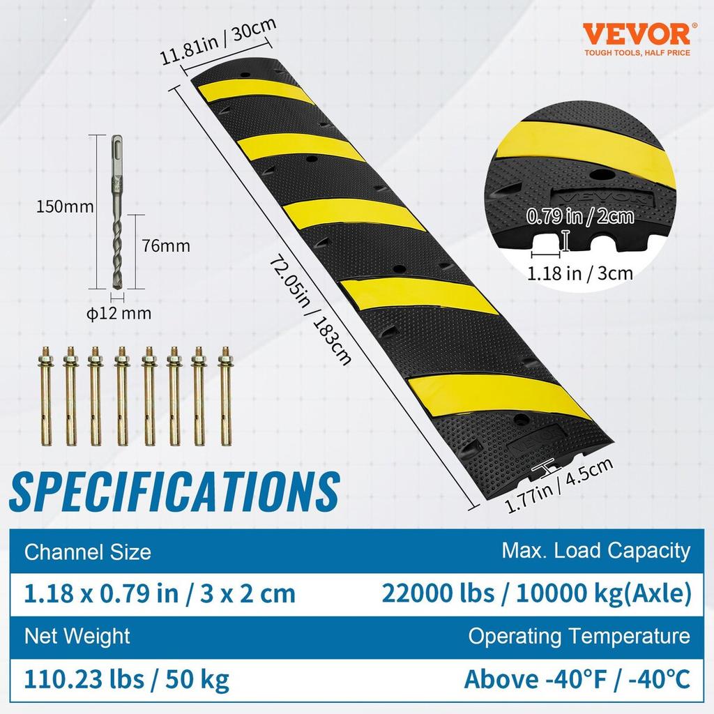 2PCs 6 ft/72'' Rubber Speed Hump, 2 Channel, 22000 lbs Capacity Heavy Duty Traffic Speed Bump, with High Reflective Yellow Strip 8 Expansion Screws