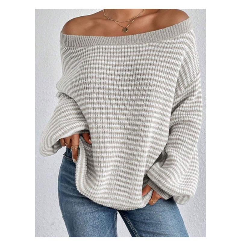 Women S Loose Fit One Shoulder Neck Striped Long Sleeve Pullover Knit Sweater