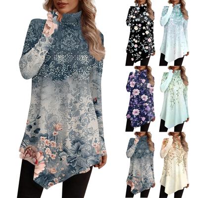 Повседневная модная рубашка с принтом, топы с высоким воротом и нерегулярным подолом, пуловеры с длинными рукавами