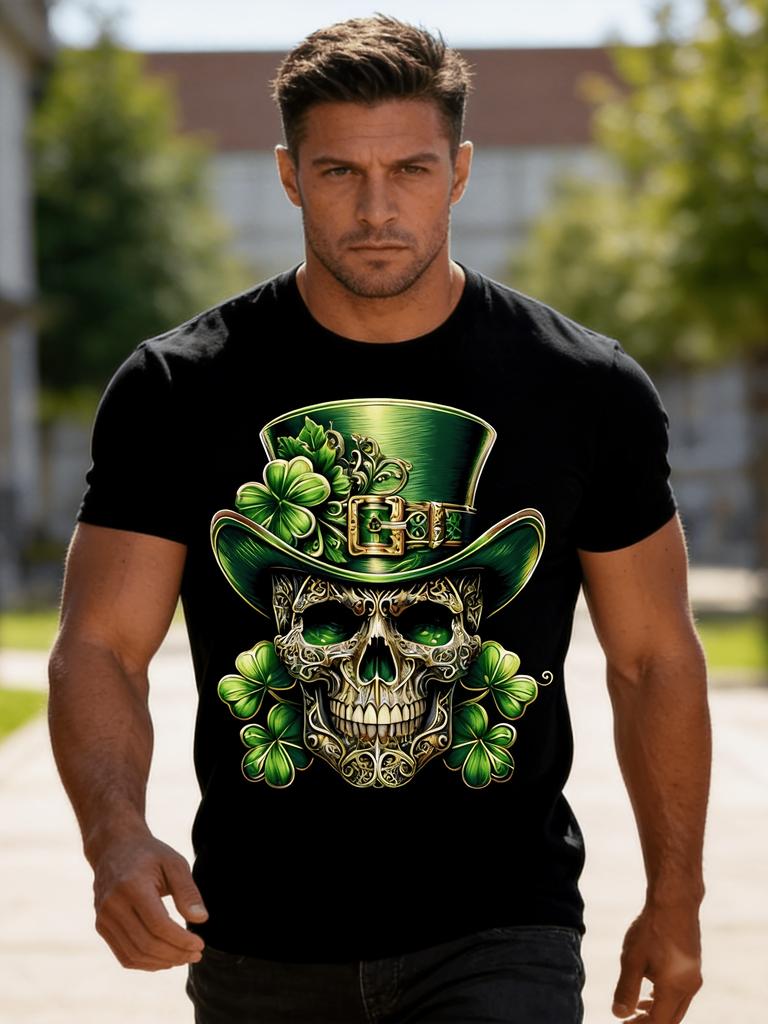 Day Sugar Skull Irish Celticwith Green Shamrock Accent Skull Mexicancalifornia Style Leprechaun Hat Design Short Sleeve Crew Neck Top For Irish