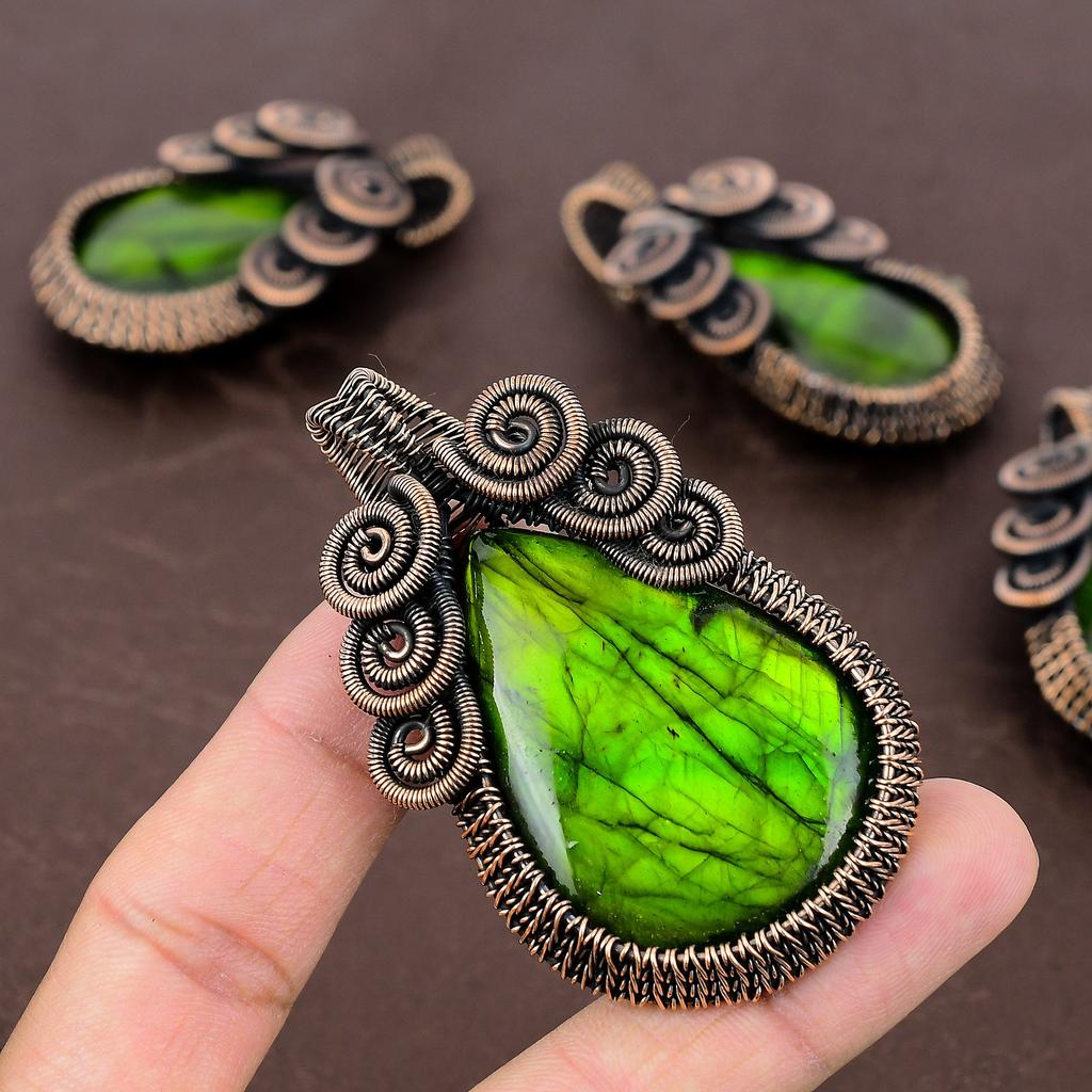 Зеленый лабрадорит, ручная работа, медная проволочная подвеска, ювелирное изделие 2,83 дюйма p2C33