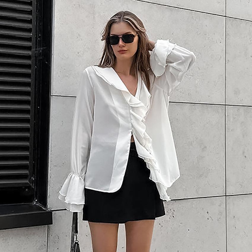 French chiffon ruffle top 1116 spring design sense loose white lace-up cardigan shirt women's clothing
