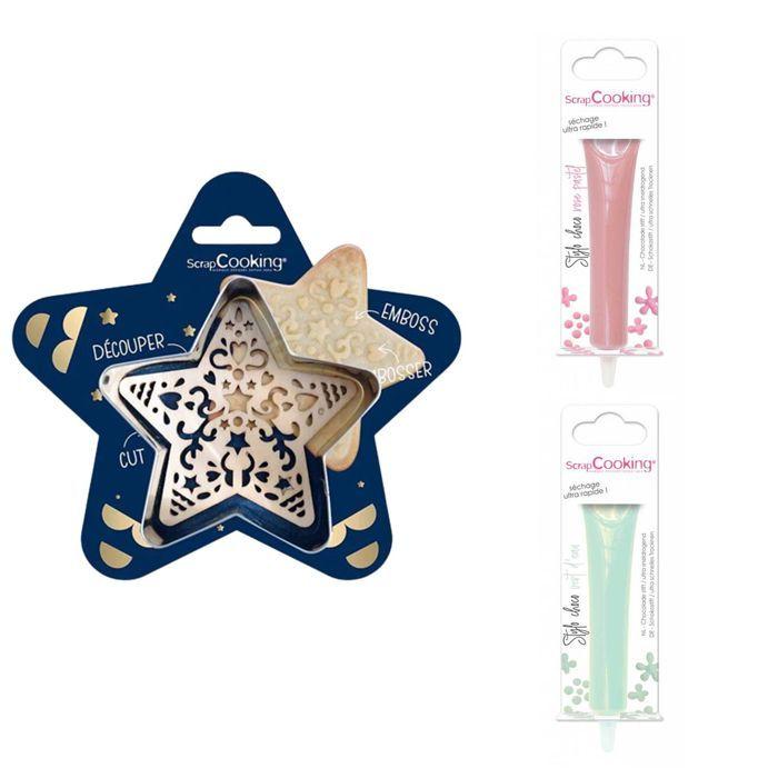 Kit pour biscuit en relief Étoile + 2 Stylos au chocolat rose pastel et vert d'eau
