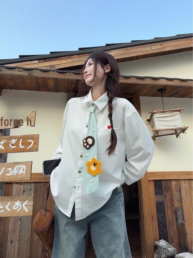 Женская белая рубашка-поло с галстуком - Колледж-стиль, Защита от солнца, Для носки с весны по осень