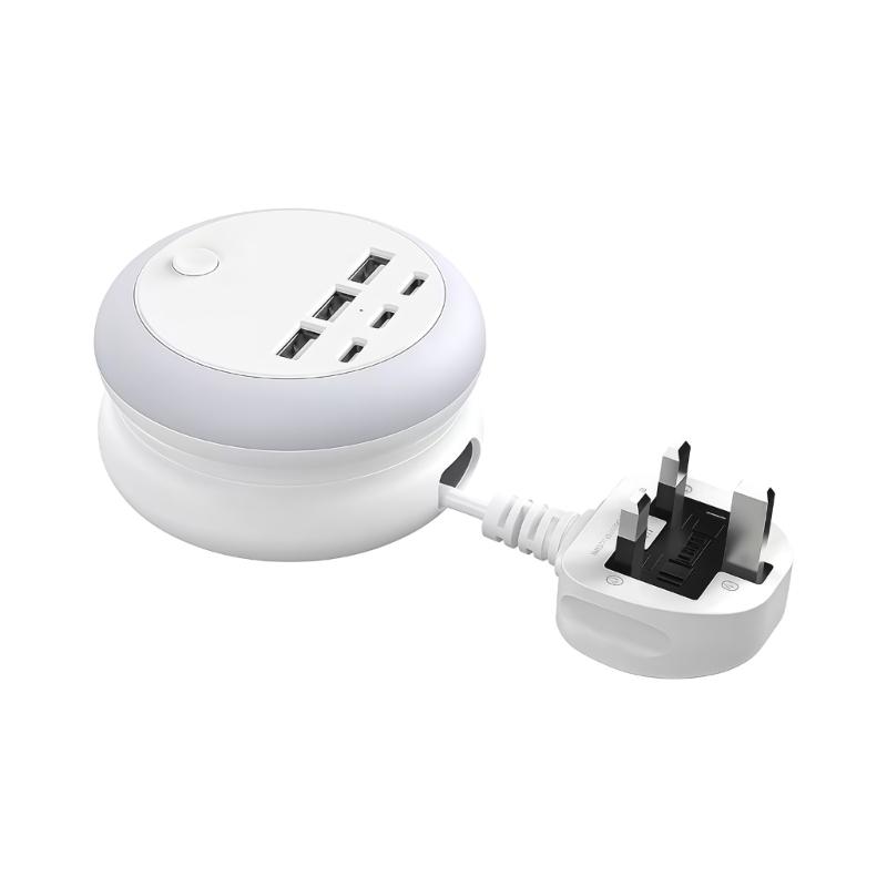 6-портовый USB-хаб для зарядки с 3-контактной вилкой, 3 порта USB-A, 3 порта USB-C, выдвижной шнур 1,2 м, светодиодная ночная лампа для стола, путешествий