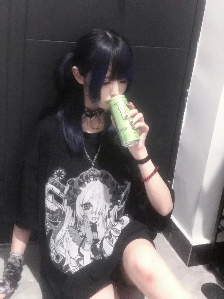 Японский мультяшный принт Y2k футболки женские Harajuku 2025 летние повседневные футболки с рисунком феи винтажные топы черные свободные эстетические футболки