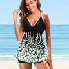 Women's Shoulder Strap Swimsuit Floating Rope Printed Bikini Short Tank Top Swimsuit