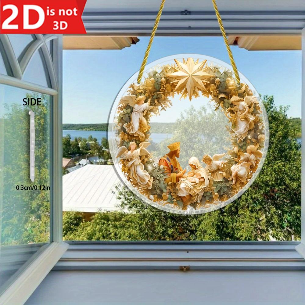 2D Nativity Scene Hanging Ornament. Transparent Circular Pendant for Home, Garden & Window Decor.