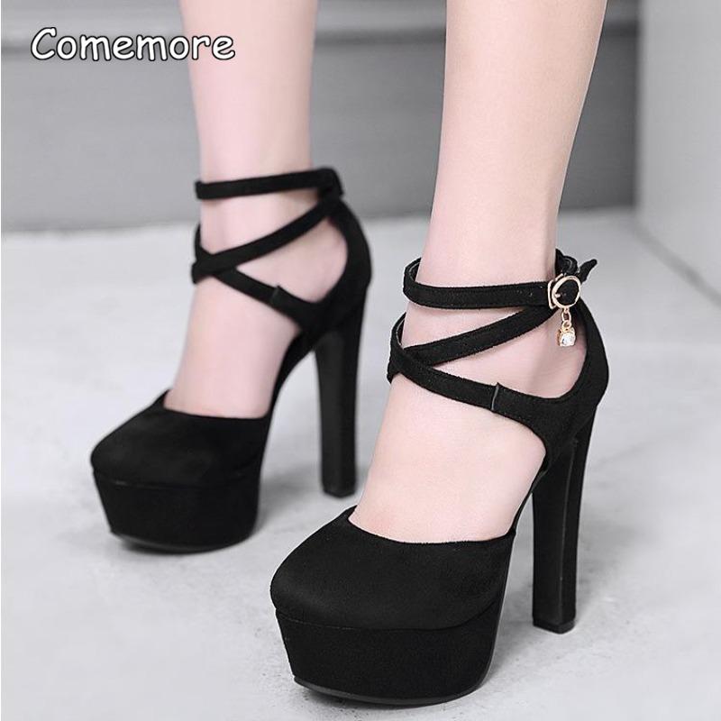 14 см Черные замшевые туфли-лодочки на высоком каблуке с перекрестными ремешками на щиколотке Платформенные сандалии для женщин Модная обувь Весна Осень Элегантные