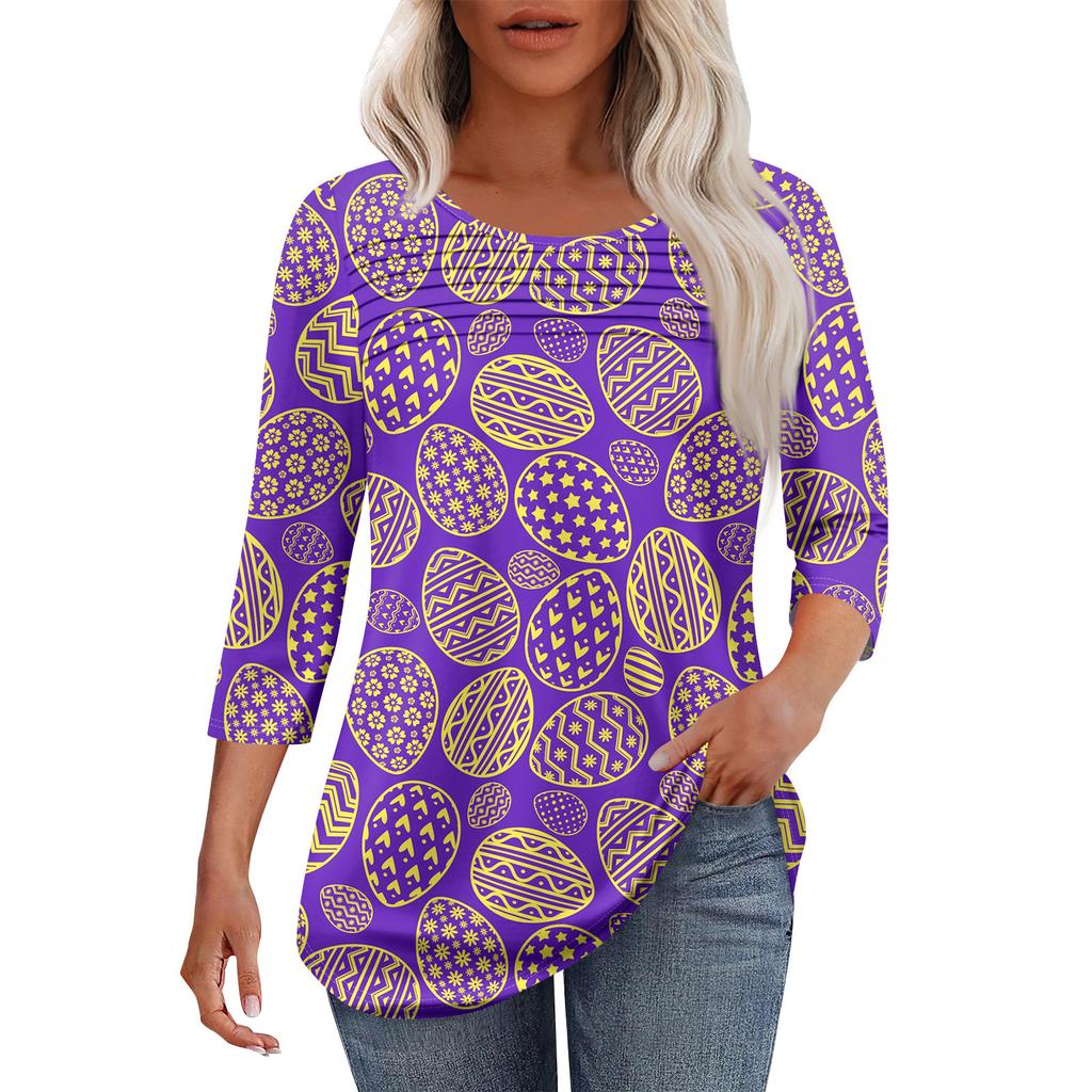 Женская мода круглый вырез шея плиссированная передняя планка с принтом рукав 3/4 топ