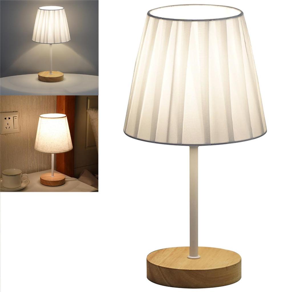 Modern Table Lamp 5V USB Powered Nightstand Lamp Eye-Care Soft Warm Light Bedside Lamp Wood Base Fabric Lampshade Desk Light
