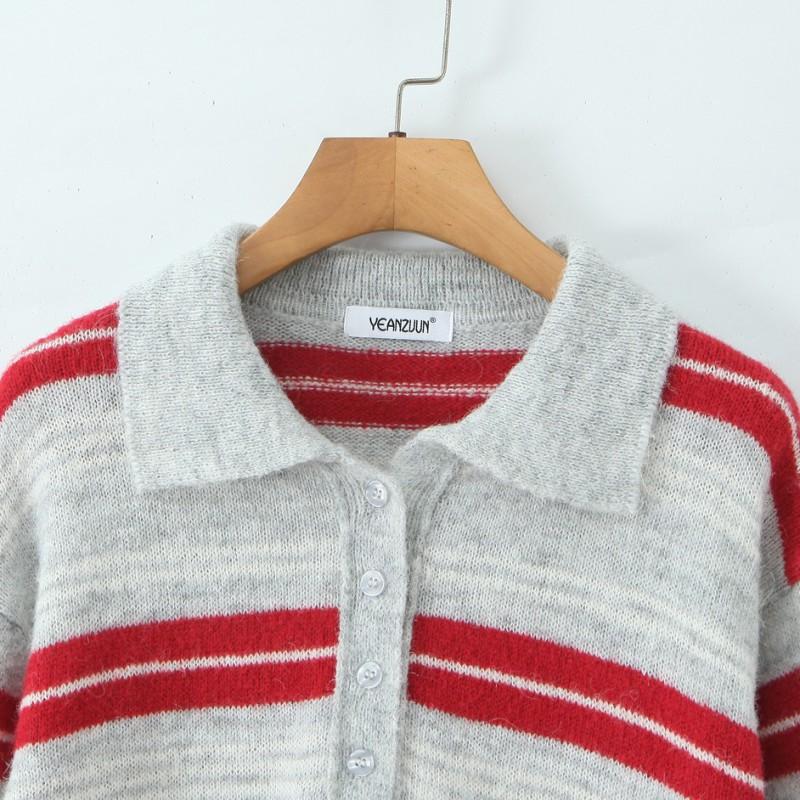 Womens Vintage Polo Neck Knit Sweater Loose Fit Striped Casual Top