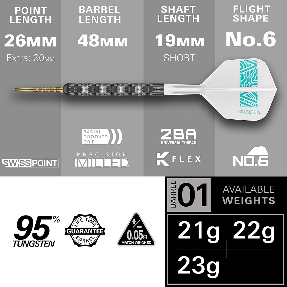 TARGET Darts Rob Cross 95K Стальные дротики Swiss Point, Дротики из 95% вольфрама с оперением K Flex, 22 г | Voltage Darts, Player Edition Swiss Point K Flex