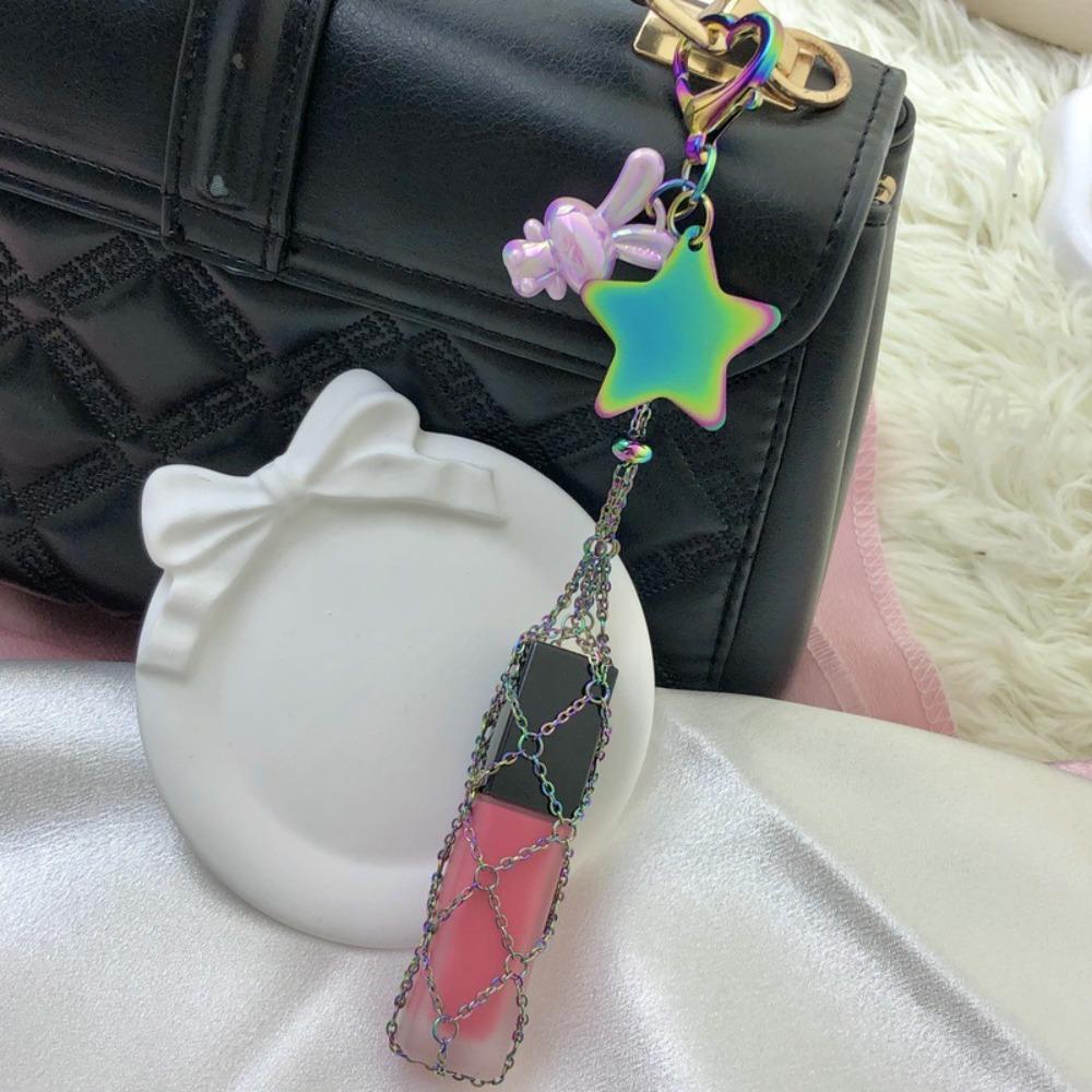 Custom Ins Colorful Stainless Steel Keychain Portable Lipstick Mesh Pocket Keyring Portable Folding Ladies Key Chain Ring Gift