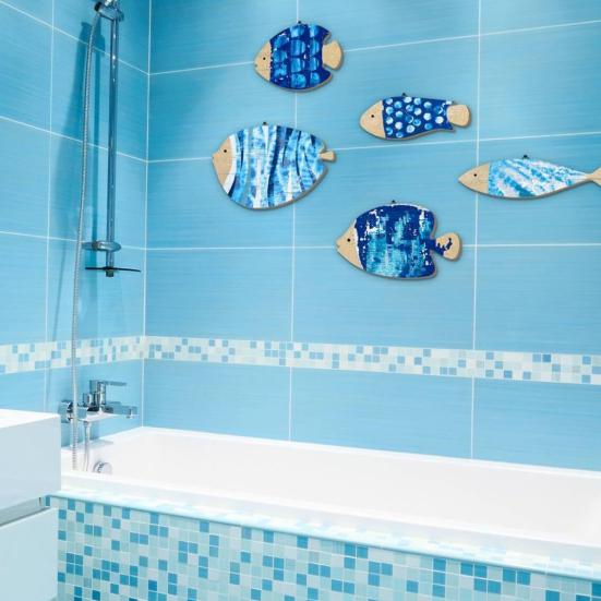 5Pcs/Set Wooden Fish Wall Decoration Farmhouse Rustic Nautical Blue Fish Wall Art Sculpture Home Living Room Bathroom Wall Decorative Sign