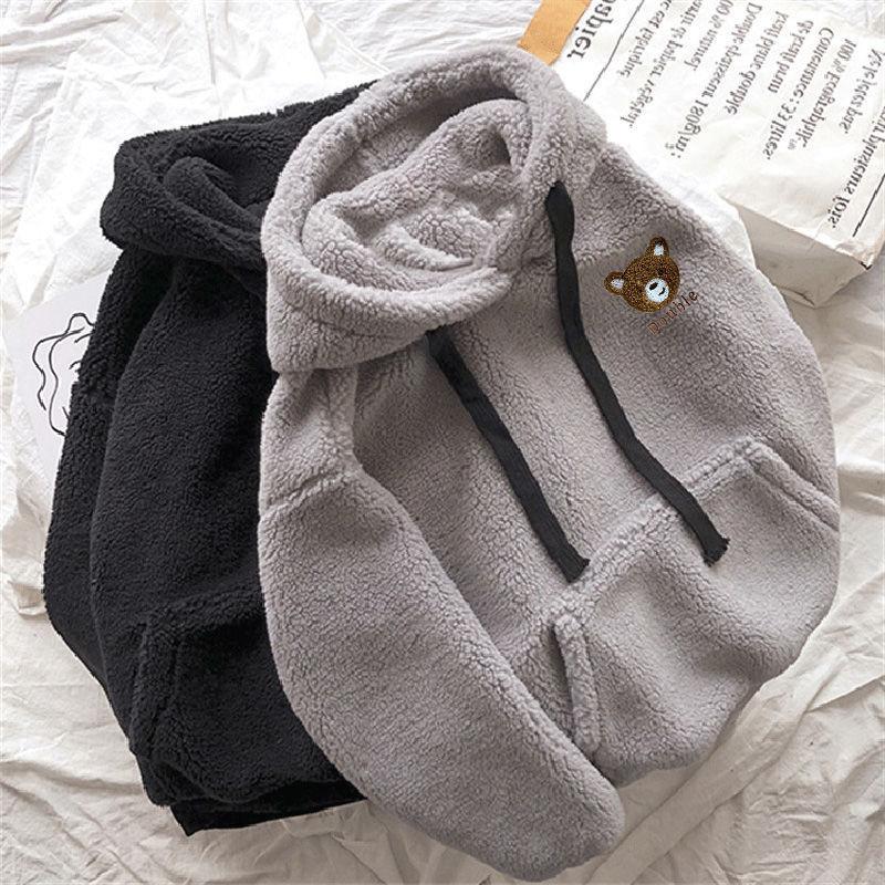 Женская толстовка с капюшоном, зимние свободные толстовки, уличная одежда из толстой овечьей шерсти, верхняя одежда с медведем