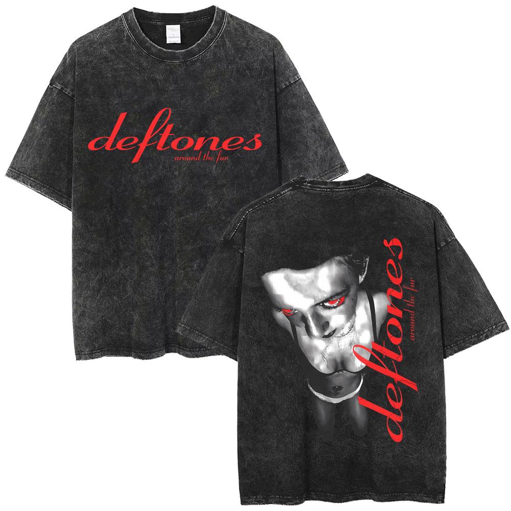 Стирка Винтажные Футболки с Графикой Кота Рок-Группы Deftones Мужские Альтернативный Хэви-Метал Короткий Рукав Мужской Ретро Уличная Одежда