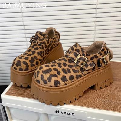 Женские зимние сапоги на платформе с леопардовым принтом, замшевые дизайнерские туфли на высоком каблуке, тренд 2025 года, короткие, плюшевые, теплые, с пряжкой, новинка зимы, женские ботинки