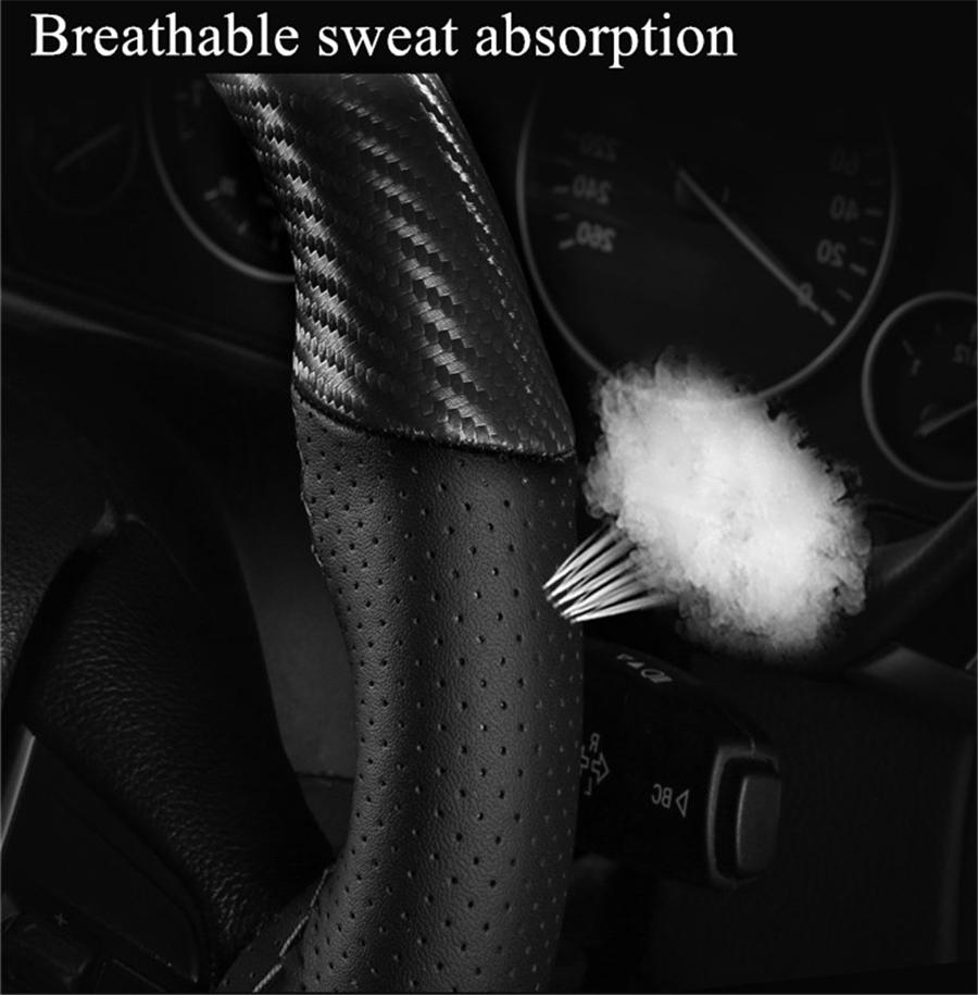 38CM Deluxe Black Carbon Fiber & Leather Car Steering Wheel Cover Trim Universal