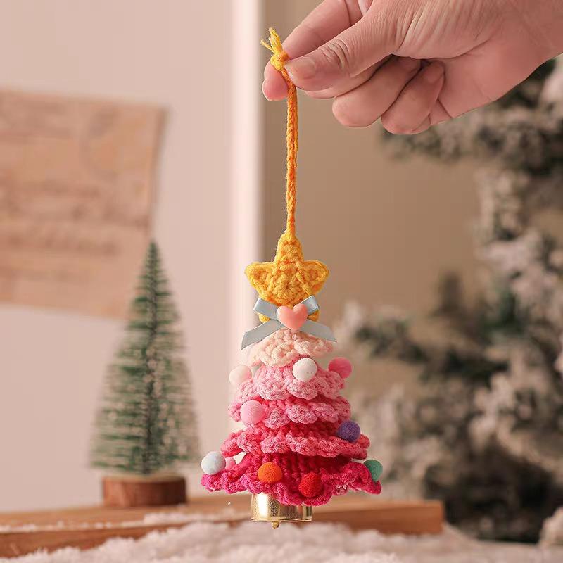 Knitted Colored Christmas Tree with Jingle Bell Plush Christmas Hanging Pendant Wool Crochet Xmas Tree for Christmas Party Decor