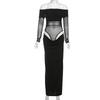 Women's Temperament Sexy One-line Shoulder Mesh Long Hollow-out Dress