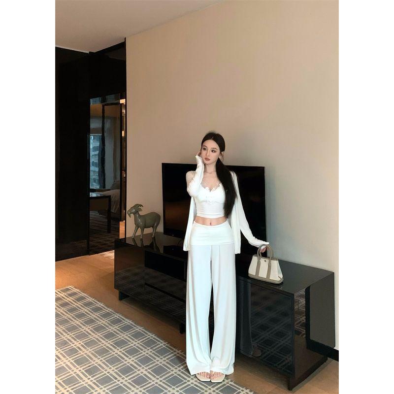 Kumikumi Pure Desire Style White Long Sleeve Cardigan Inner Wear Cami Women Autumn Slimming Wide Leg Pants Three-Piece Suit