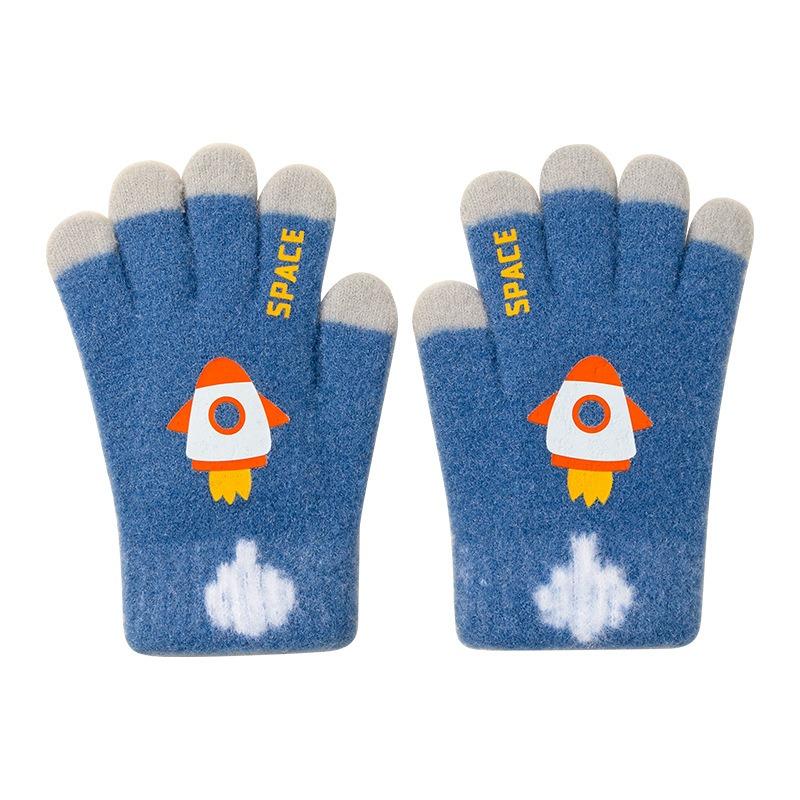 Cartoon Rocket Knitting Thickened Warm Outdoor Cold Protection Primary School Students Cute Children Winter Five-finger Wool Boys Gloves