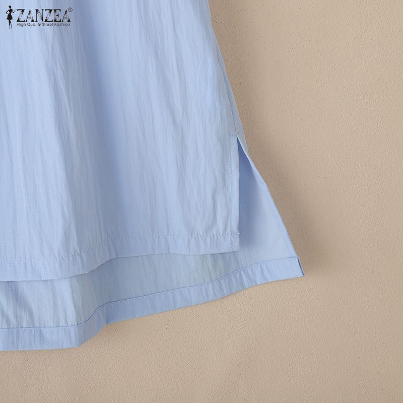 ZANZEA Women Casual V Collar 3/4 Sleeve Solid Color Loose Long Tunic Blouse