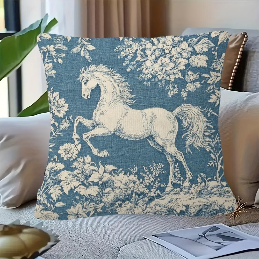 pc French Toile Horse Pillow Cover Polyester D DoubleSided Print Blue Equestrian Floral Pattern Design Farmhouse Accent