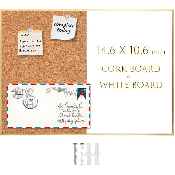 Okydoky Cork Board White Board Combo, Small Size 10.6" x 14.6" Magnetic Dry Erase Board/Bulletin Combination Board, Gold Aluminum Frame, for Home,