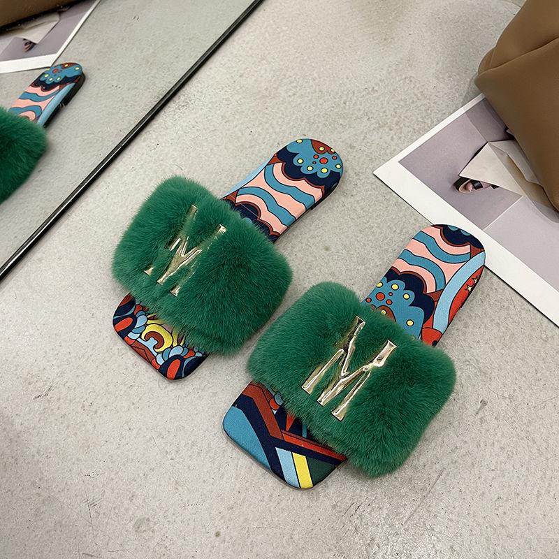 Женские меховые тапочки, пушистые, милые, плюшевые, женские шлепанцы, новинка 2024 года, домашние, на открытом воздухе, нескользящие, износостойкие, плоские сандалии Four Seasons